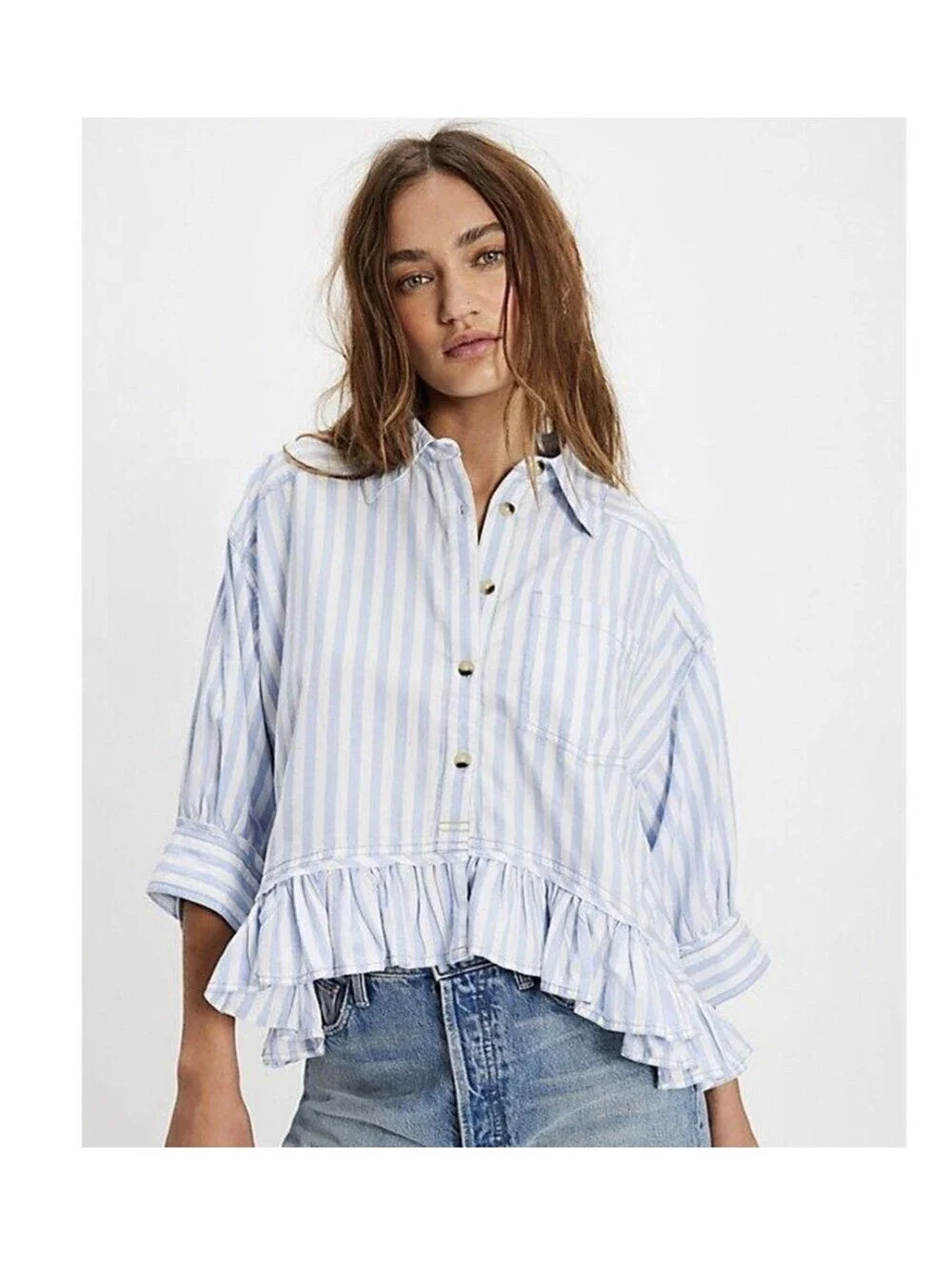 Free People We The Free Bailey Stripe Shirt Blue Cropped Ruffle Blouse XS - Picture 1 of 8